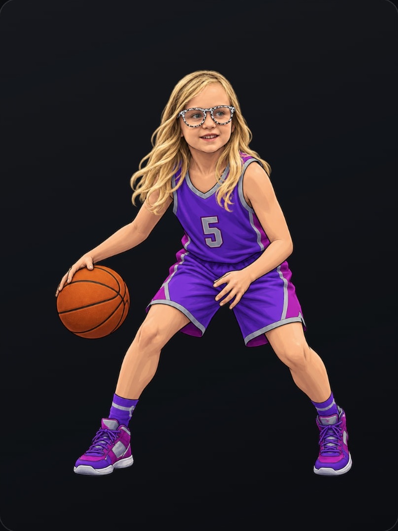 The same athlete illustrated in a purple number 5 basketball uniform